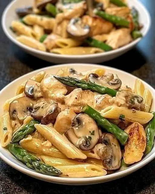 Penne Pasta with Creamy Chicken, Mushrooms, and Asparagus