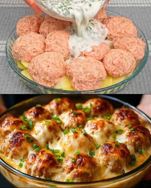 Oven-Baked Juicy Meatballs with Potatoes and Fresh Garden Salad