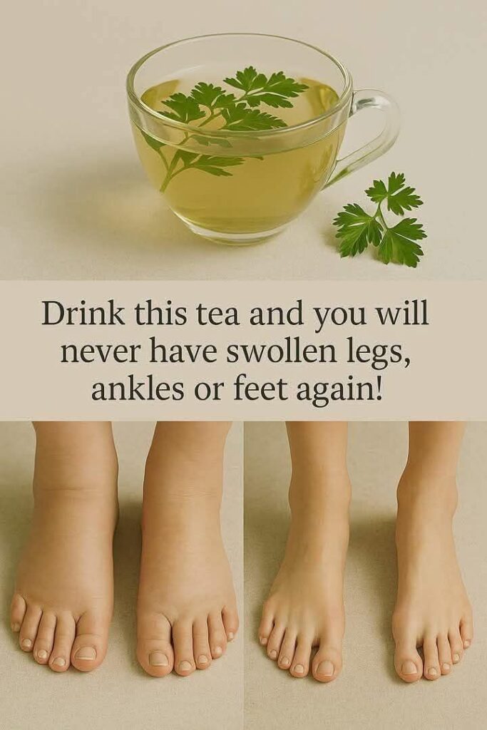 The Power of Parsley Tea: Natural Relief for Swelling in Legs, Ankles, and Feet Benefits of Parsley TeaParsley is a rich source of antioxidants and vitamins A, C, and K. It aids in flushing out excess fluid from the body, reducing swelling and bloating. The diuretic properties of parsley increase urine production, helping to flush out excess salt and water. This process can relieve the pressure and swelling commonly found in the lower extremities.How to Make Parsley TeaIngredients:A handful of fresh parsley (or 2 tablespoons of dried parsley)1 quart (4 cups) of waterOptional: Honey or lemon for tasteInstructions:Boil Water: Bring the water to a boil in a pot.Add Parsley: Add the fresh or dried parsley to the boiling water. If using fresh parsley, make sure it’s well washed to remove any dirt or pesticides.Simmer: Reduce the heat and let the mixture simmer for about 5-10 minutes. The longer it simmers, the stronger the tea will be.Strain and Serve: Remove the pot from the heat and strain the parsley out of the water. Pour the tea into a cup.Flavor Enhancements: If desired, add honey or a squeeze of lemon to enhance the flavor.Tips for ConsumptionFrequency: Drink parsley tea once or twice a day to help reduce swelling. It’s best consumed in the morning or early afternoon to prevent nighttime bathroom trips due to its diuretic effect.Freshness: Whenever possible, use fresh parsley for the best health benefits. Dried parsley can be a convenient alternative, but make sure to check for freshness and quality.Hydration: Although parsley tea is a diuretic, it’s important to stay hydrated throughout the day by drinking plenty of water.PrecautionsMedical Conditions: If you have kidney problems or are taking diuretic medications, it’s essential to consult with a healthcare provider before starting any new herbal remedy, including parsley tea.Pregnancy: Pregnant women should avoid consuming large amounts of parsley tea, as it can affect hormonal and fluid balance.Medication Interference: Parsley can interfere with certain medications, including blood thinners and diuretics, so it’s important to consult with a healthcare provider if you are taking any medications.ConclusionParsley tea is a natural and simple remedy for reducing swelling in the legs, ankles, and feet. Its diuretic properties are effective in managing fluid retention. However, it’s important to note that while parsley tea can be beneficial, it should not replace medical treatment for underlying health issues. If you experience persistent or severe swelling, always seek professional advice. Stay well and enjoy the natural relief parsley tea can provide.