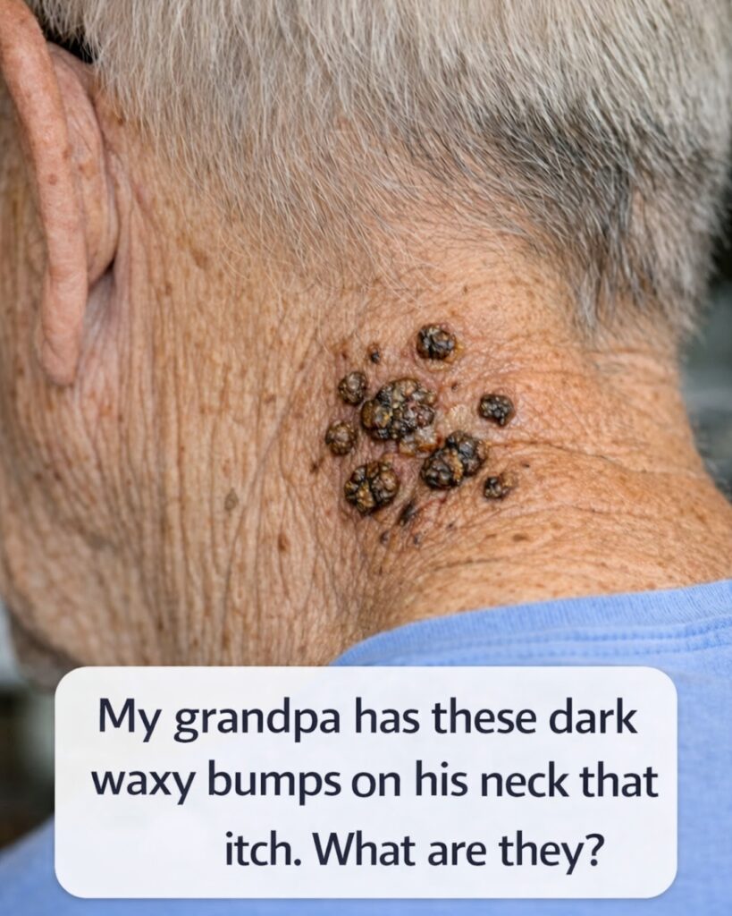 My grandpa has these dark waxy bumps on his neck that itch. What are they?