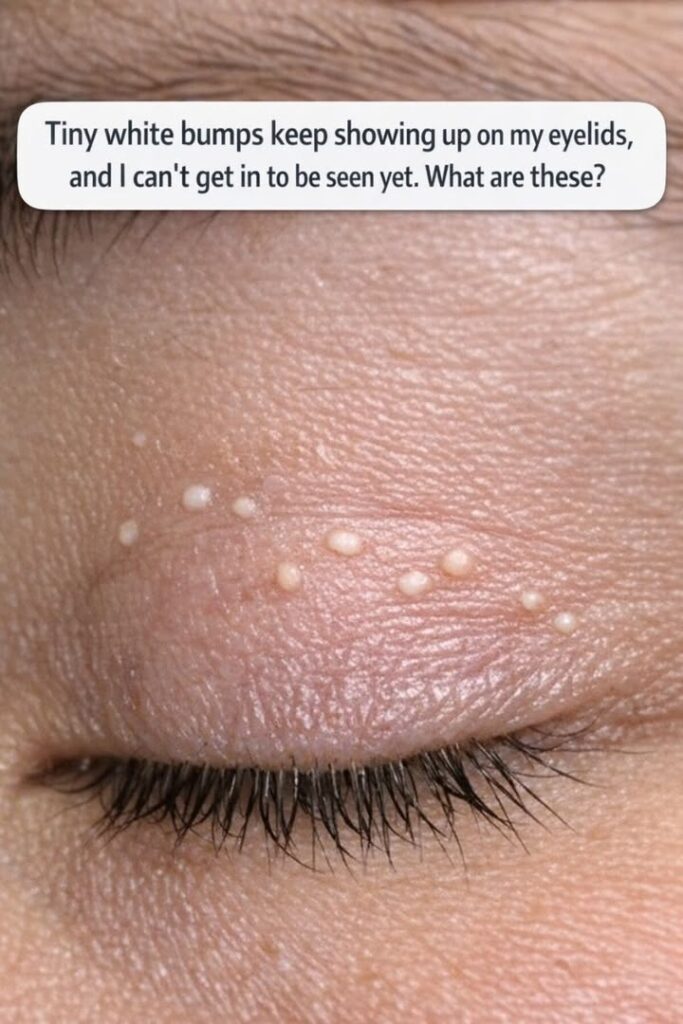 Tiny white bumps keep showing up on my eyelids, and I can’t get in to be seen yet. What are these?
